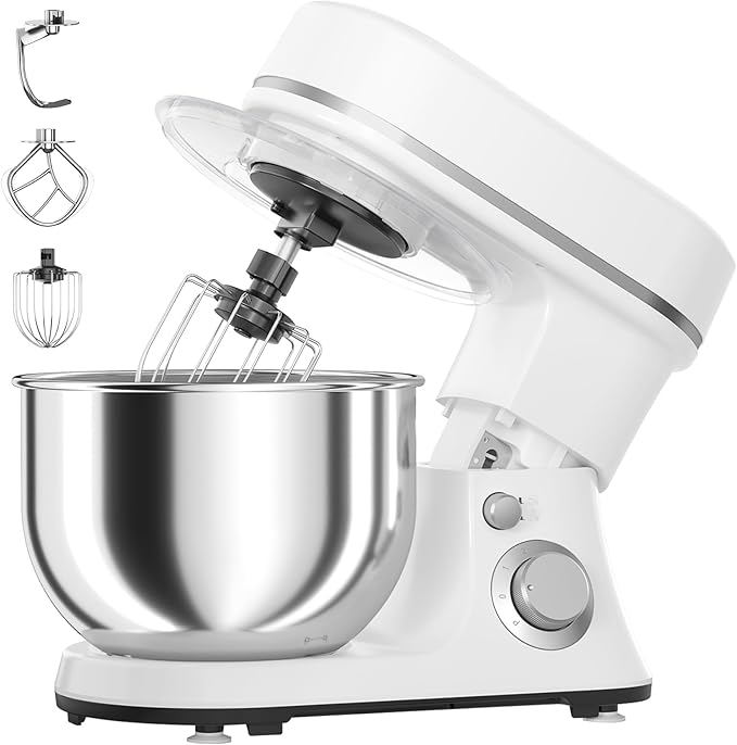 800W Stand Mixer with 5.3QT Stainless Steel Bowl - 6+P Adjustable Speed Electric Kitchen Mixer with Dough Hook, Whisk & Beater, Tilt-Head & Non-Slip Design- White (YD-385NS)