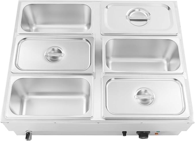 6-Pan Commercial Food Warmer 10.6Gal Electric Steam Table Stainless Steel Bain Marie Buffet Food Warmer Countertop with Temperature Control Lid for Catering and Restaurants(6-Pan)