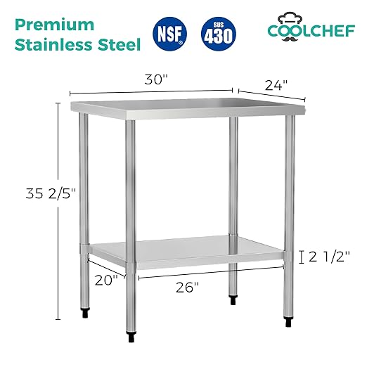 COOLCHEF Stainless Steel Work Table 24 x 30 Inch, NSF Commercial Prep Table with Undershelf, Heavy Duty Food Prep Workstation