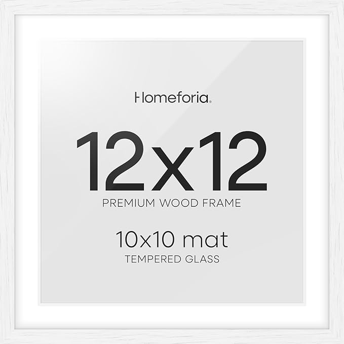 Homeforia 12x12 White Frame Wood, High End Oak 12 x 12 Square Picture Frames with Mat 10 by 10 inches Photo, 12by12 White Wooden Poster Frames Matted to 10x10 Print, Tempered Glass, Wall Kit, Set of 1