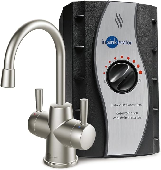 InSinkErator HOT250 Instant Hot and Cold Water Dispenser System, 2-Handle Drinking Water Faucet in Satin Nickel with 2/3-Gallon, Filter-Compatible, Stainless Steel Tank, HC250SN-SS