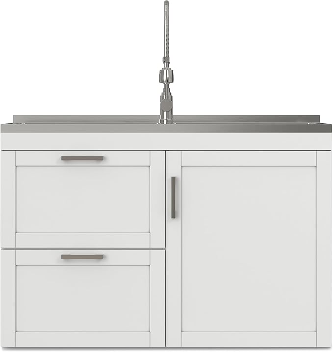 SIMPLIHOME Hennessy All-in-One 46 inch Wide Utility Sink and Laundry Cabinet in Pure White Finish, Transitional Stainless Steel Dual Sink Cabinet for Laundry Rooms with High-Arch Chrome Faucet