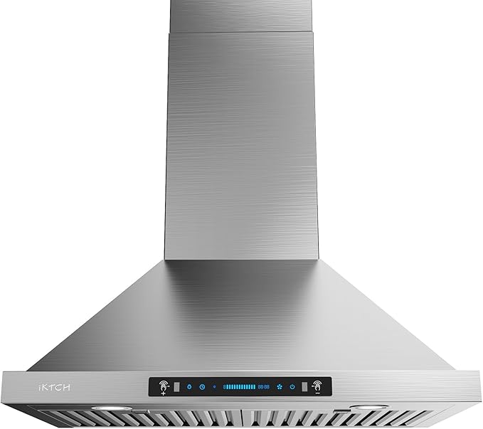 IKTCH 36-inch Wall Mount Range Hood 900 CFM Ducted/Ductless Convertible, Kitchen Chimney Vent Stainless Steel with Gesture Sensing & Touch Control Switch Panel, 2 Pcs Adjustable Lights(IKP02-36'')