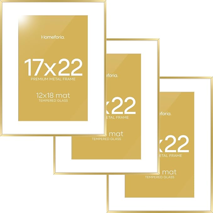 Homeforia 17x22 Picture Frame Gold, High End Metal 17x22 Poster Frames with Mat 12x18 Photo, 17 x 22 Gold Frame Matted to 12 by 18 Print, 22by17 Thin Hanging Frames, Tempered Glass, Wall Kit, Set of 3
