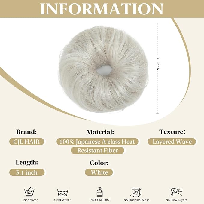 CJL HAIR 2PCs Small Cute Messy Bun Hair Piece for Thin Hair Women Mini Synthetic Curly Bun Scrunchies Updo Hairpieces White