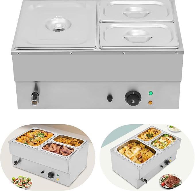 DYNAMI 110V 1500W Commercial Buffet Food Warmer,Large Capacity 3 Pan(2.4 * 2 Gal+1 Gal) Stainless Steel Electric Countertop Steam Table with Intelligent Thermostat Design,for Parties Buffet Catering