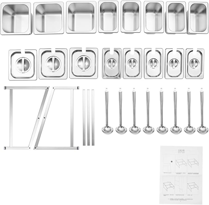 20"Pizza Topping Station with 8 Pans& Lids, Stainless Steel Food Pans Condiment Dispenser Food Container Countertop Spice Rack Organizer Holder for Seasoning Sauce Salad Jam Fruits Ingredients