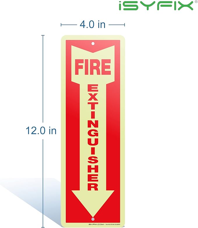 iSYFIX Fire Extinguisher Glow in the Dark Aluminum Signs – 5 Pack 4x12 Inch – Photoluminescent, Laminated for Ultimate UV and Fade Resistance, Indoor and Outdoor, for Business, Schools, Hospitals,
