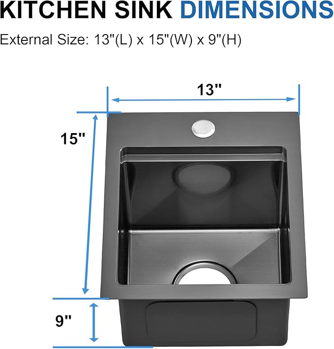 Scamall 13x15x9 Drop In Kitchen Sink Workstation, Nano Black 304 Stainless Steel Deep Single Bowl with Quick Drainage & Tarnish-Free Surface for Bar, Laundry, RV, Includes Accessories