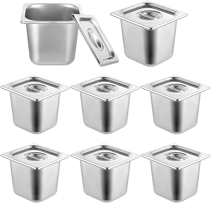 8 Pack Hotel Pans 1/6 Size with Lid, 6 inch Deep Stainless Steel Steam Table Pan, Anti Jam Steam Pan Metal Food Pans for Restaurant Cafeteria Party Catering