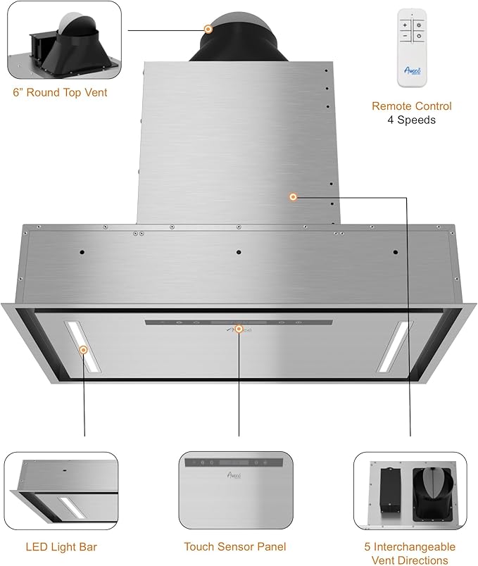 Awoco 30”W Flush Ceiling Mount Insert Island Range Hood, Stainless Steel 4 Speeds 700 CFM, 6” Round Vent LED Lights Remote Control (30"W)