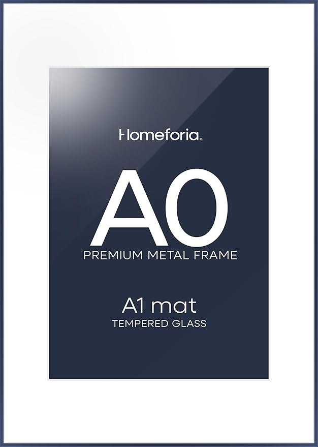 Homeforia A0 Poster Frame Navy Blue, High End Metal A0 Large Picture Frames with Mat A1 Photo, 33.1 x 46.8 Frames Matted to 23.4 x 33.1 Print, 33.1x46.8 Thin Frames, Tempered Glass, Wall Kit, Set of 1