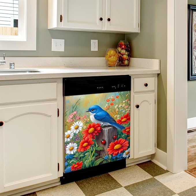 Spring Flowers Birds Dishwasher Magnet Cover Front Dishwasher Cover Decor Reusable Magnetic Door Cover Panel Decal Home Appliances Stickers Kitchen Refrigerator Fridge 23"x26"