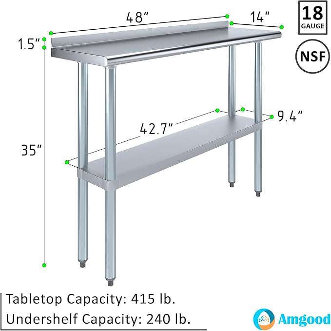 AmGood 48" Long x 14" Deep Stainless Steel Work Table with 1.5" Backsplash | Metal Kitchen Food Prep Table | NSF