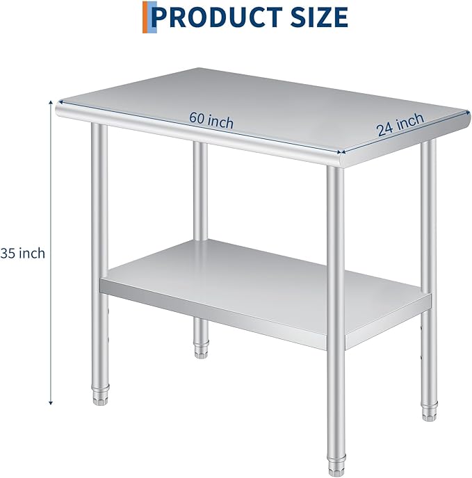  Stainless Steel Prep Table, 24 x 60 Inches, with Rounded-Corner, Adjustable Undershelf, Commercial Heavy Duty Table with Adjustable Under Shelf for Outdoor Use,Restaur
