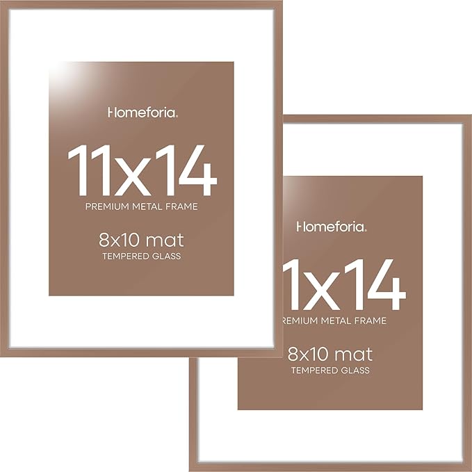 Homeforia Mocha 11x14 Picture Frame, High End Metal 11x14 Poster Frames with Mat 8x10, 11 x 14 Mocha Frame Matted to 8 x 10 inch Photo, 11 by 14 Thin Hanging Frames, Tempered Glass, Wall Kit, Set of 2
