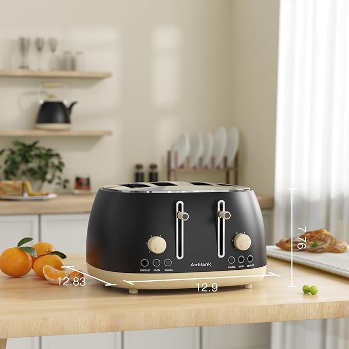 Toaster 4 Slice,Retro Stainless Steel Toaster with Extra Wide Slots, Dual Independent Control Panel, Cancel, Bagel, Defrost Function, Removable Crumb Tray, Matt Black