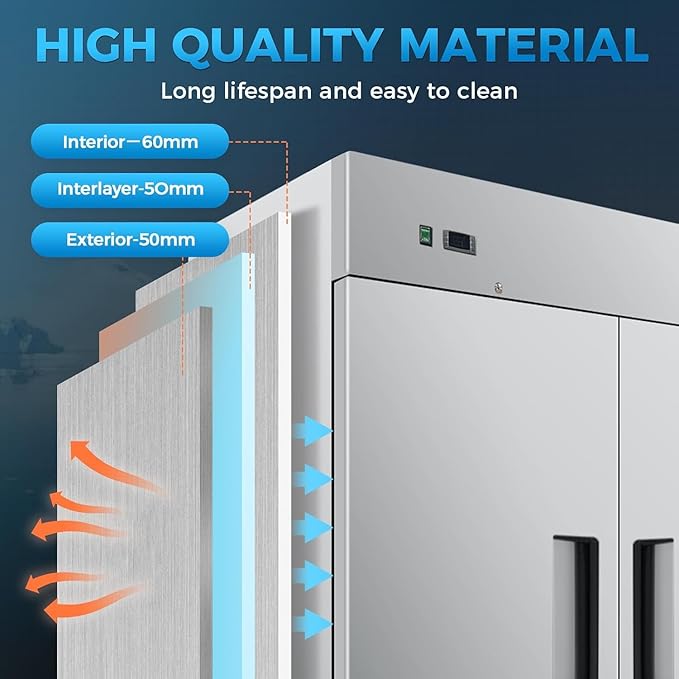 Commercial Freezer 2-Doors Solid Upright Reach in Two Section Stainless Steel NSF Certified 54" Width, Capacity 47Cuft, Restaurant Quality Kitchen -8°F Cold AKF-13781