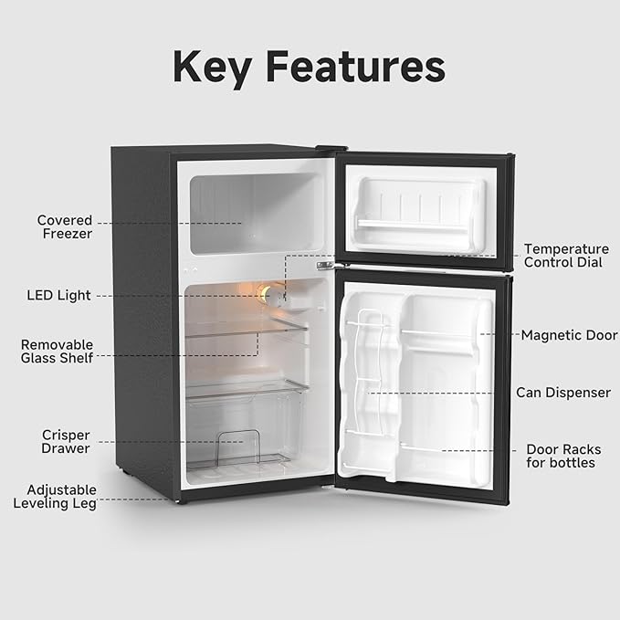 BANGSON Mini Fridge with Freezer, 2 Door Small Refrigerator with Freezer, Small Fridge for Bedroom, 3.2 CU.FT, For Home, Office, Dorm, Garage or RV, Black