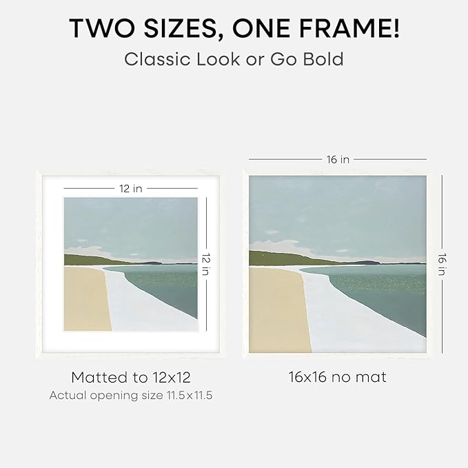 Homeforia 16x16 White Picture Frame, High End Oak 16 x 16 Square Wood Frames with Mat 12 by 12 inches Photo, 16by16 White Wooden Poster Frames Matted to 12x12 Print, Tempered Glass, Wall Kit, Set of 3