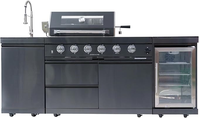 85 Inch 4-Burner 72000 BTU Natural Gas Outdoor Kitchen Island with Grill, Wine Cooler Compact Refrigerator, Rotisserie Kit, Granite Countertops, Stainless Steel Sink, Black