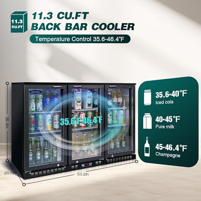 Back Bar Cooler - 480 Can Capacity Beverage Refrigerators, 3 Hinged Glass Doors, LED Lighting, Adjustable Shelves, Safety Door Lock, Perfect for Bars, Restaurants & Home