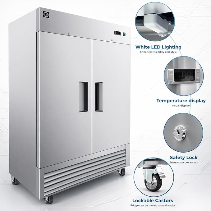 Commercial Freezer 2-Doors Solid Upright Reach in Two Section Stainless Steel NSF Certified 54" Width, Capacity 47Cuft, Restaurant Quality Kitchen -8°F Cold AKF-13781