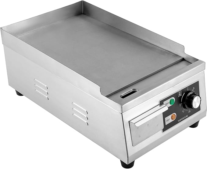 Electric Countertop Flat Top Griddle 110V 1300W Commercial Teppanyaki Grill 11"x15.7" Stainless Steel Commercial Flat Top Grill Thermostatic Control 122-572°F for Restaurant Kitchen