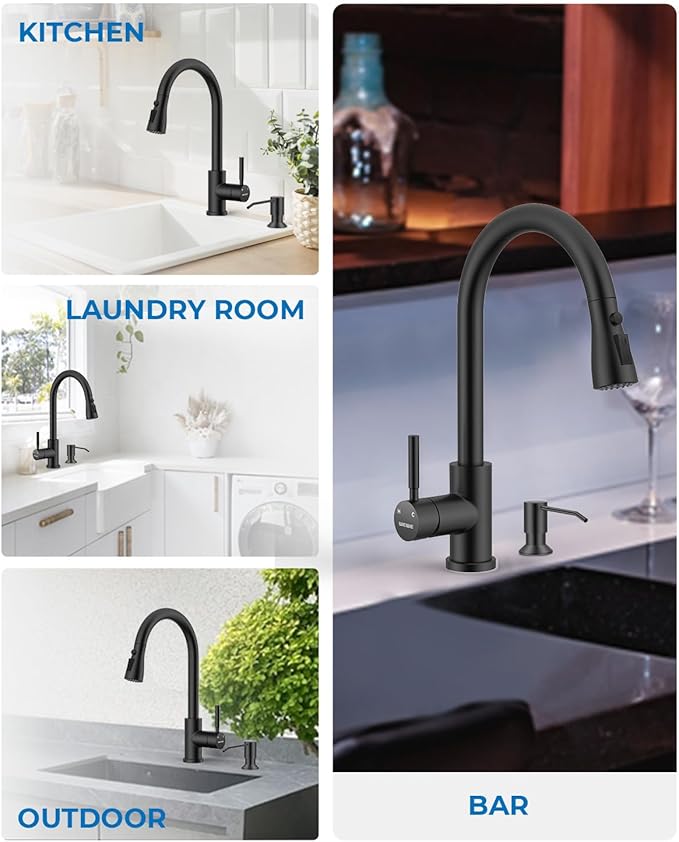 WEWE Kitchen Faucet with Pull Down Sprayer and Soap Dispenser, Stainless Steel Kitchen Sink Faucets, 3-Mode High Arc Single Handle Faucet for RV Farmhouse, Matte Black