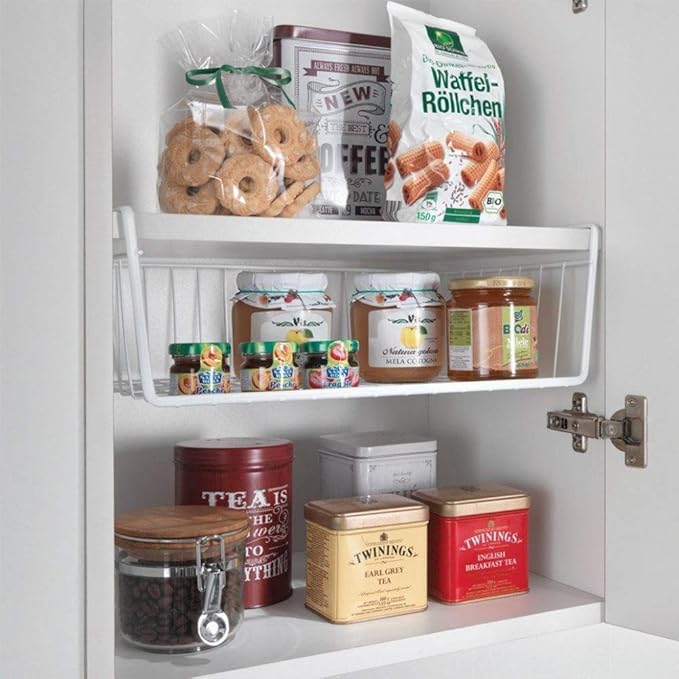 Modern Home Under Shelf Wire Storage Baskets – Hanging Organizer Rack for Cabinet, Pantry, or Closet – White Metal Basket for Kitchen, Towels, or Office – No Tools Required (Set of 4 19")