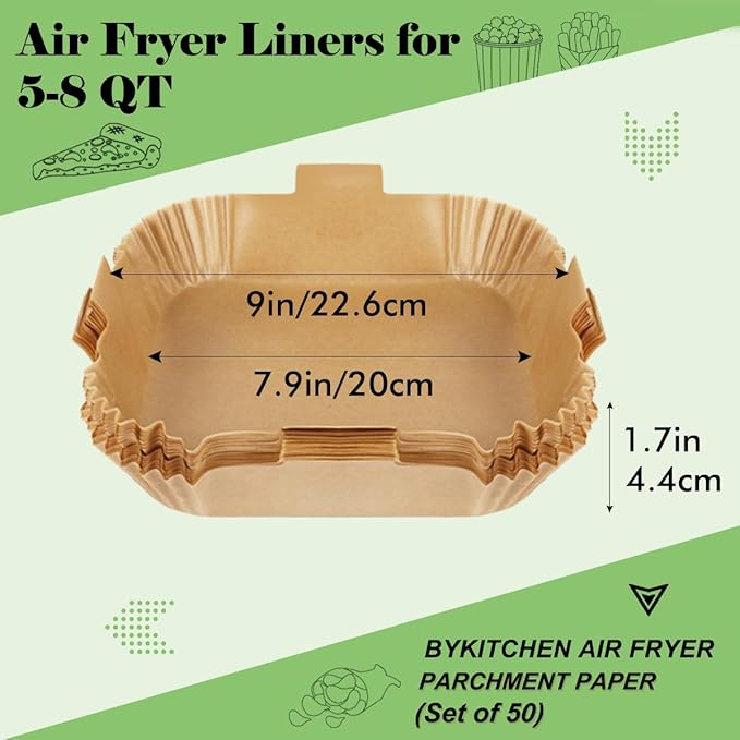 BYKITCHEN Square Air Fryer Paper Liner, 9 Inch Square Airfryer Disposable Liners, Air Fryer Accessories, Compatible with Corsori, Ninja, Gourmia and More(Set of 50)