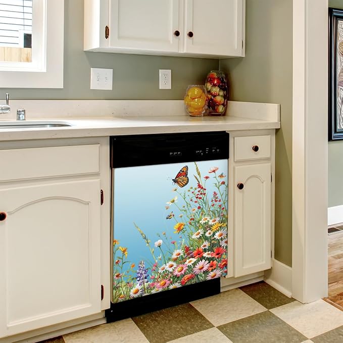 Dishwasher Magnet Cover Flower Red Beautiful Dishwasher Decorative Cover Front Dishwasher Door Cover Reuseable Dishwasher Cover Panel Decal for Kitchen Refrigerator Home Appliances 23" X 26"