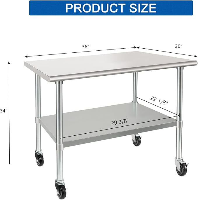 HARDURA Stainless Steel Table with Wheels 30 x 36 Inches Casters NSF Heavy Duty Commercial Prep Table with Undershelf and Galvanized Legs for Food Prep