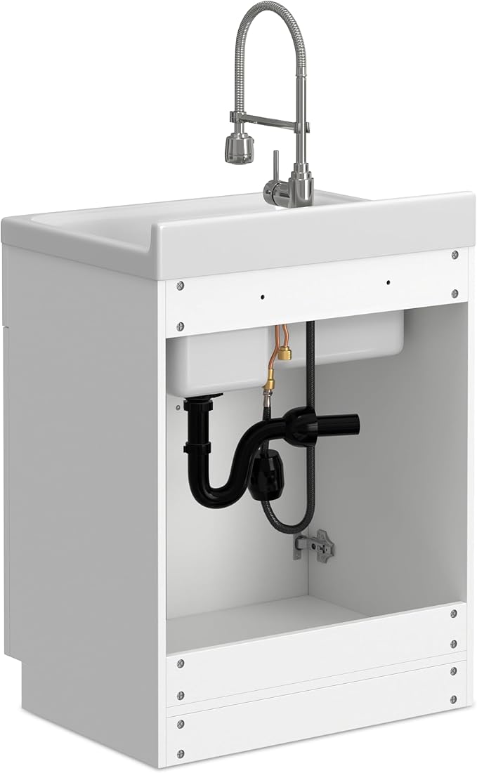 SIMPLIHOME Hennessy All-in-One 28 inch Wide Utility Sink and Laundry Cabinet in Pure White Finish, Transitional ABS Sink Cabinet for Laundry Rooms with High-Arch Chrome Faucet and Pull-Out Spray