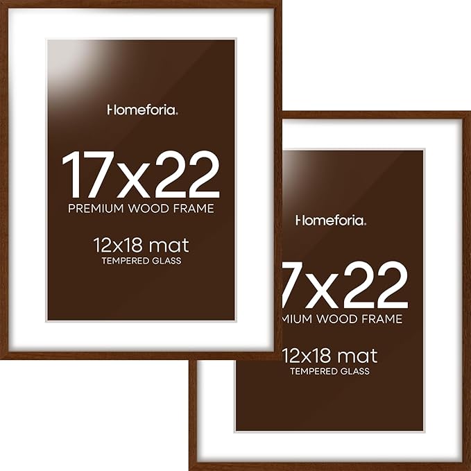 Homeforia 17x22 Picture Frame Brown, High End Dark Oak 17x22 Poster Wood Frame with Mat 12x18 for Photo, 17 x 22 Wooden Walnut Frame Matted to 12 x 18, 22x17 Frames, Tempered Glass, Wall Kit, Set of 2