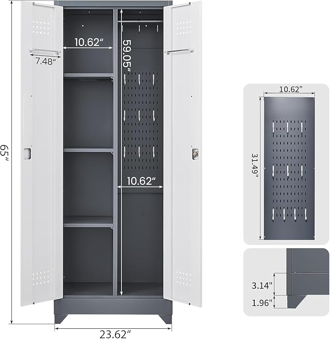 65" H Locking Storage Cabinet,Metal Broom Storage Cabinet with Doors and Adjustable Shelves,Steel Tall Garage Cabinet with Pegboard and Hanging Rod for Home Office,School,Gym,Grey-White