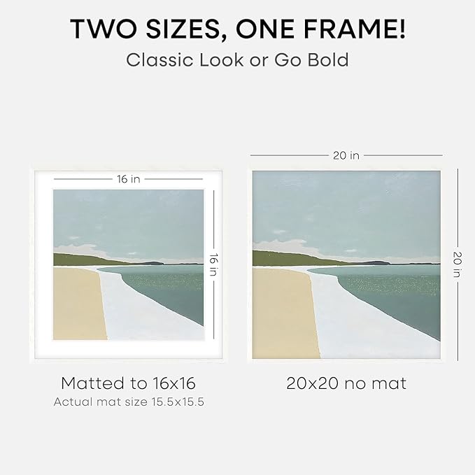 Homeforia 20x20 White Picture Frame, High End Oak 20 x 20 Square Wood Frames with Mat 16 by 16 inches Photo, 20by20 White Wooden Poster Frames Matted to 16x16 Print, Tempered Glass, Wall Kit, Set of 2