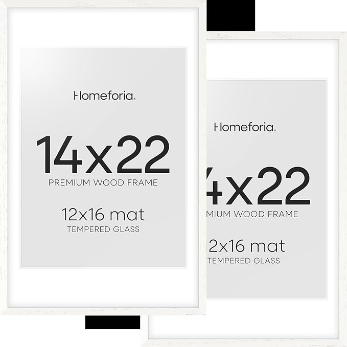Homeforia 14x22 Picture Frame White, High End Oak 14x22 White Wood Frame with Mat 12x16 Photo, 14 x 22 Wooden Poster Frames Matted to 12 by 16, 22x14 Hanging Frames, Tempered Glass, Wall Kit, Set of 2