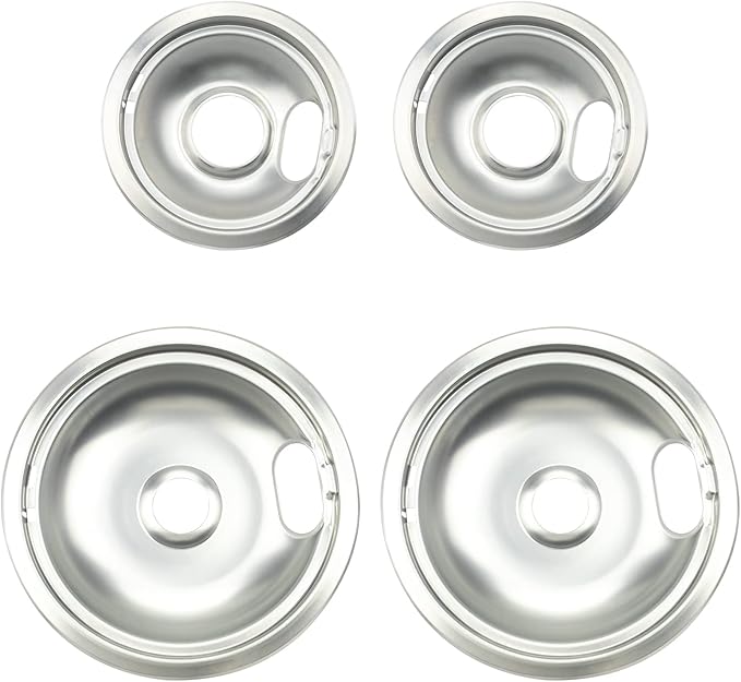 4 Pack (2) 6" & (2) 8" Electric Stove Burner Covers, Replacement Chrome Drip Pans for Whirlpool W10278125 W10196405 W10196406