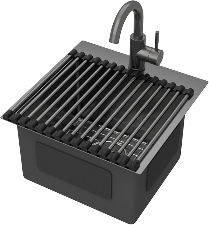 Bar Sink with Faucet - 15x15 Inch Gunmetal Black Bar Sink 16 Gauge Stainless Steel Drop In Rv Kitchen Sinks Top Mount Single Bowl Small Wet Sinks #TLT-0017