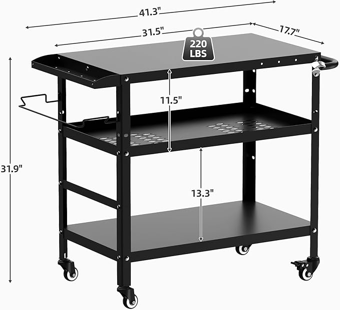 Xilingol Outdoor Grill Cart, Pizza Oven Stand Table with Wheels for Outside Patio, Heavy Duty Movable Outdoor Cooking Prep Table BBQ Cart for Backyard, Camping and Parties