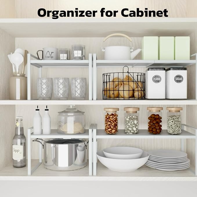 Microwave Oven Rack Expandable Countertop Heavy Duty Microwave Shelf 2-Tier Adjustable Metal Storage Shelf Rack for Kitchen (White-S)