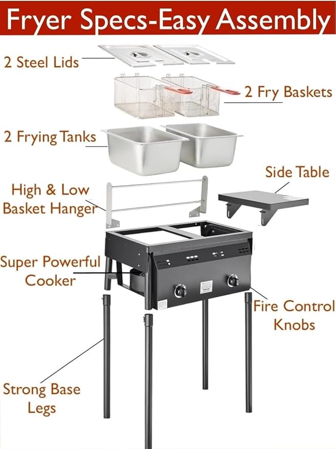 Two Tank Propane Deep Fryer-2 Basket Stainless Steel Cooker-Fry Fish/Chicken Outdoor-4 Gal. Oil Capacity-with 2 Thermometers and Regulator