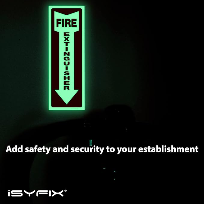 iSYFIX Fire Extinguisher Glow in the Dark Sticker Sign – 5 Pack 4x12 Inch – Premium Self-Adhesive Vinyl, Laminated for Ultimate UV, Weather, Scratch, Water and Fade Resistance, Indoor and Outdoor