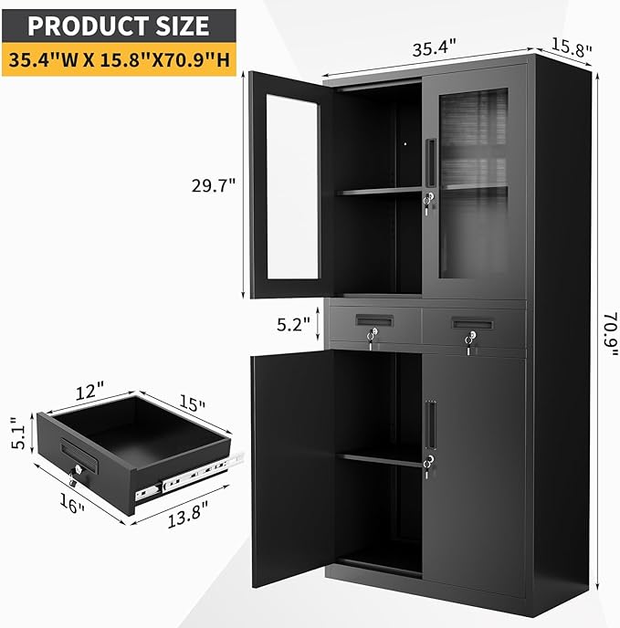 Metal Garage Storage Cabinet 72" with Locking Doors & 2 Drawers, Heavy Duty Mobile Tool Organizer with 3 Adjustable Shelves, File Cabinet for Home, Office, Workshop, Rolling Locker