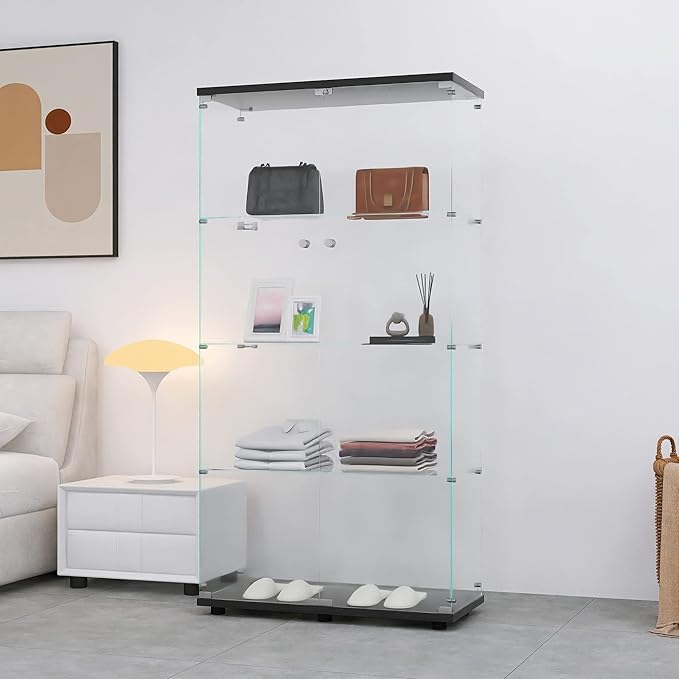64.5" H 4-Shelf Glass Display Cabinet with Double Door,Modern Curio Cabinet Collection Display Case,Floor Standing Bookshelf Glass Display Case with Lock for Living Room Bedroom (Black)