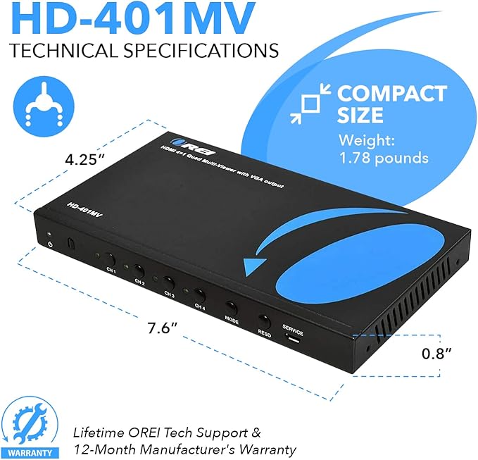 OREI HDMI Switcher 4 in 1 Out with Quad Screen Multiviewer - Supports 1080p, DTS/Dolby Audio, IR Remote Control, Seamless Switching, Compatible with HDMI Devices