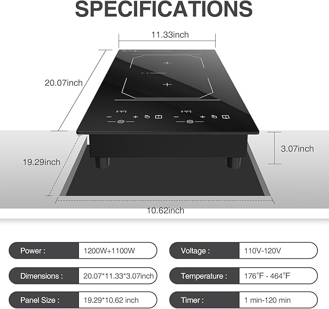 2 Burner Induction Cooktop, 12 Inch Portable Electric Stove Top 110V Built-in - 2300W Double Cooktop with 9 Temp Settings & Timer, Perfect for RV, Dorm, Camping & Small Kitchens