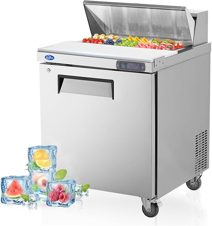 27" W 1 Door Refrigerator Sandwich Salad Prep Table Commercial Stainless Steel Fan Cooling Refrigerator with Cutting Board, 1 Shelves & 12 Pans for Restaurant, Bar, Shop-7.4 Cu.ft