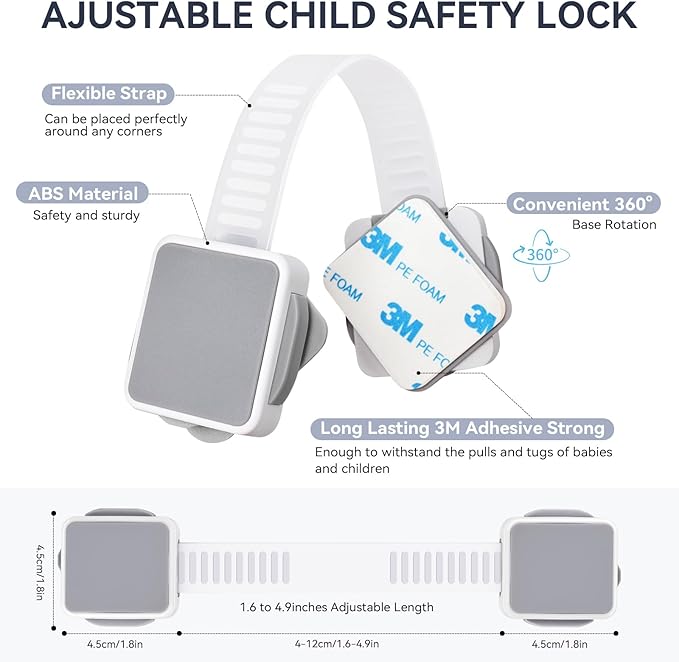 4 Pack Child Safety Cabinet Locks for Baby Proofing, Length Adjustable Latch Straps Dual Button Design for Drawers Fridge Refrigerator Doors Toilet Seat Oven (Grey, 4Pack)